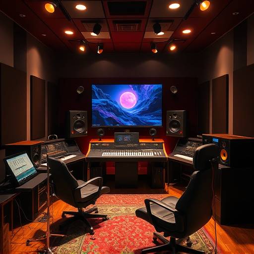 A state-of-the-art mastering suite at Sonic Bloom Studios, equipped with high-end audio equipment