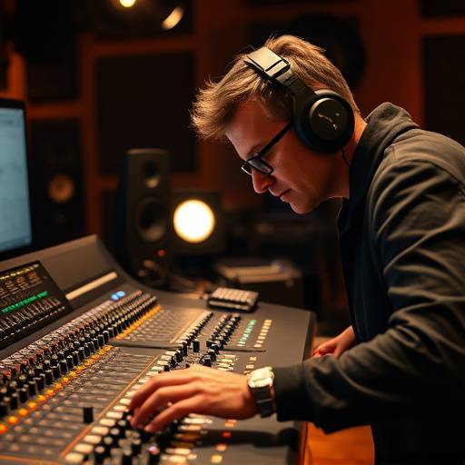 Audio engineer meticulously adjusting levels and effects on a mixing console