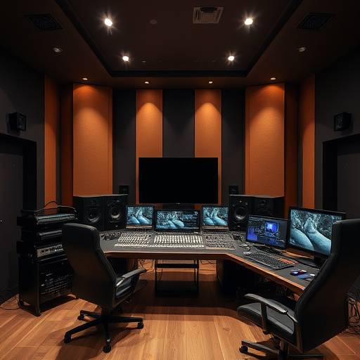 Mastering suite with high-end audio equipment and monitors